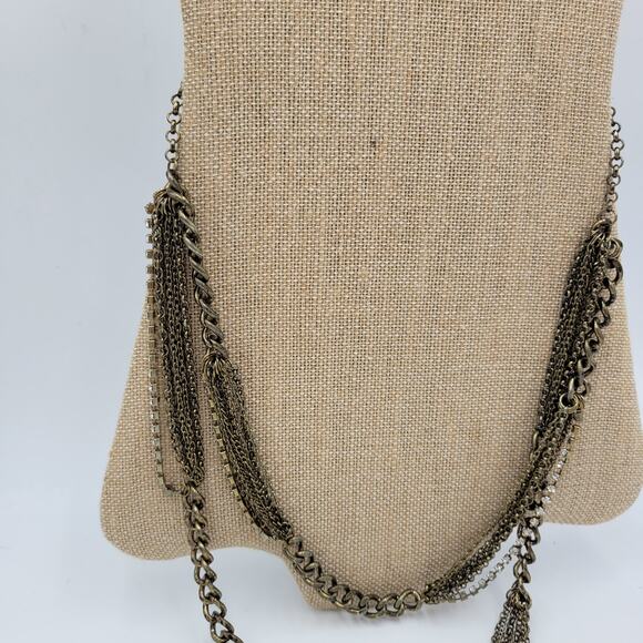 Vtg Layered Chain Necklace 28" Gold Tone Beaded Rhinestone Accent Rustic Rocker - Picture 11 of 12